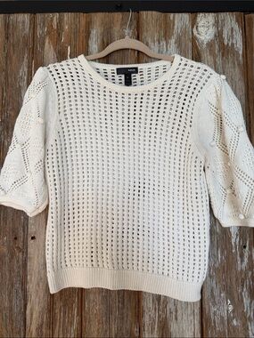 Aqua Cream Open-Weave Short Sleeve Crewneck Sweater